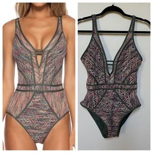 BECCA by Rebecca Virtue plunge green multi crochet one piece swimsuit
